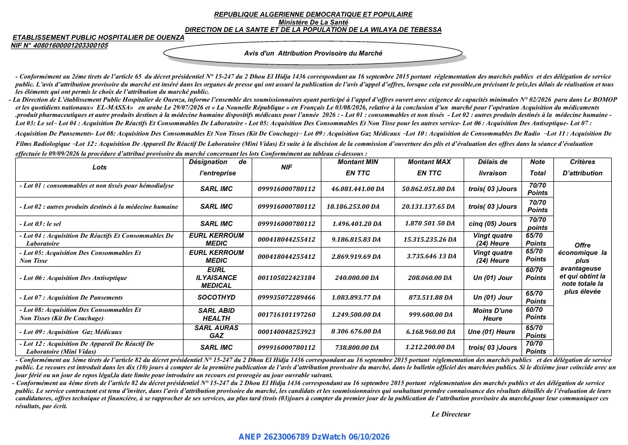 Annonce ANEP 2623006789 : Avis d'un Attribution Provisoire du Marché, ETABLISSEMENT PUBLIC HOSPITALIER DE QUENZA