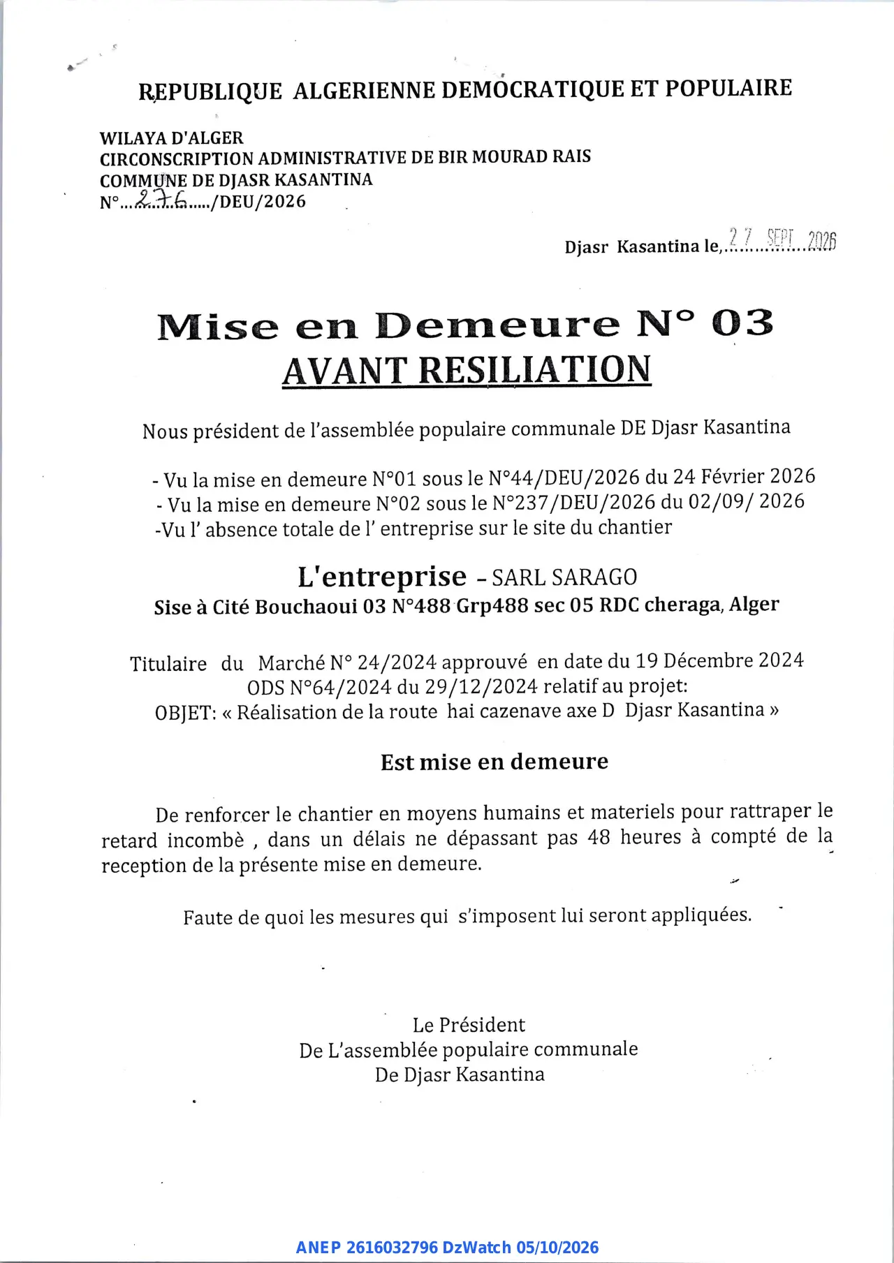 Annonce ANEP 2616032796 : Mise en Demeure, COMMUNE DE DJASR KASANTINA