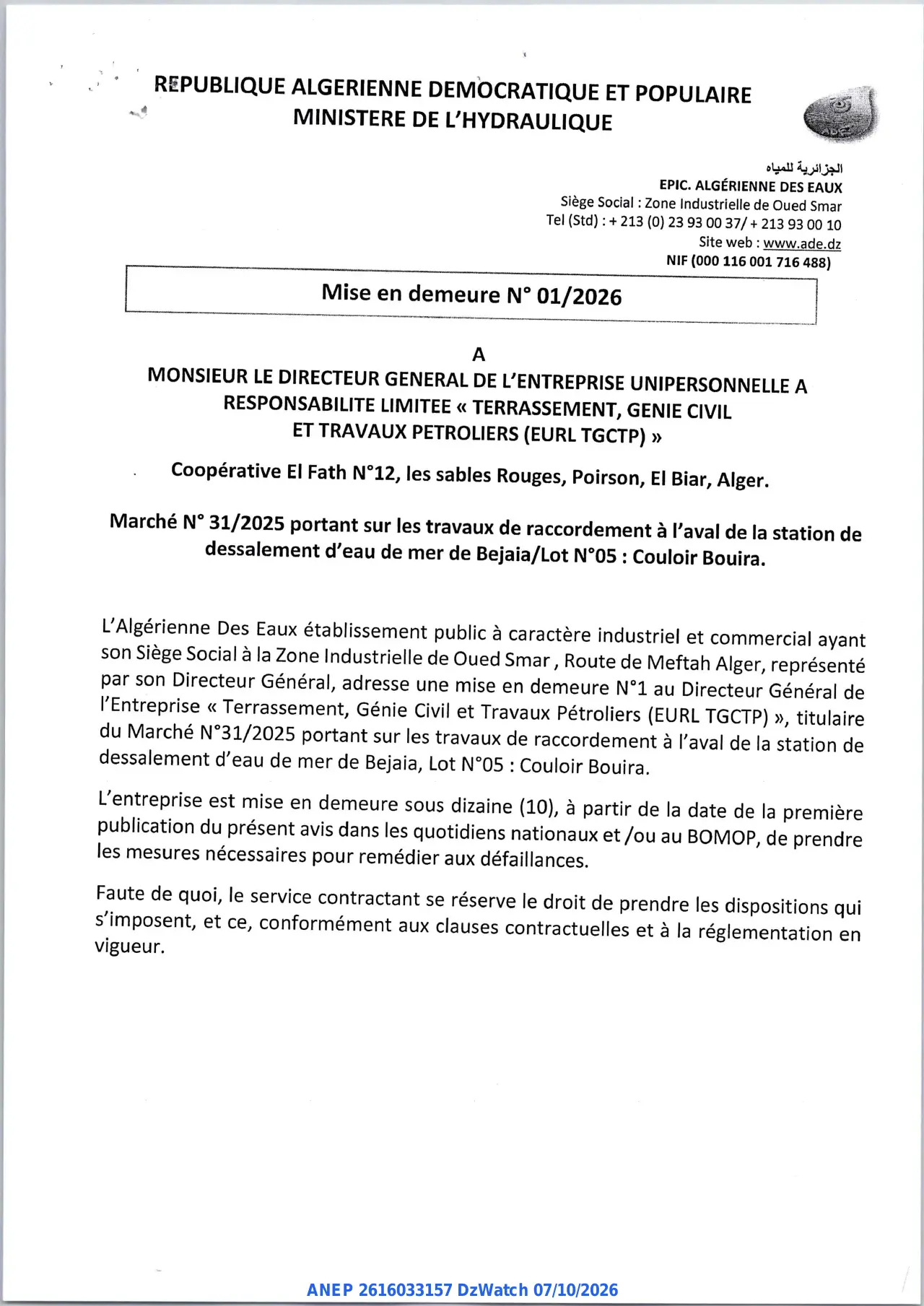 Annonce ANEP 2616033157 : Mise en demeure, EPIC. ALGÉRIENNE DES EAUX