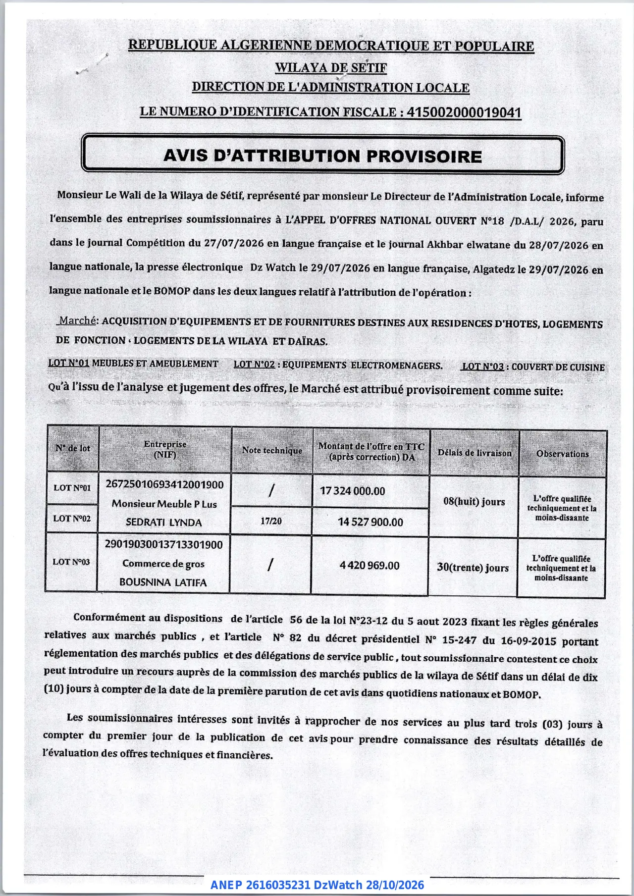 Annonce ANEP 2616035231 : AVIS D'ATTRIBUTION PROVISOIRE, WILAYA DE SETIF