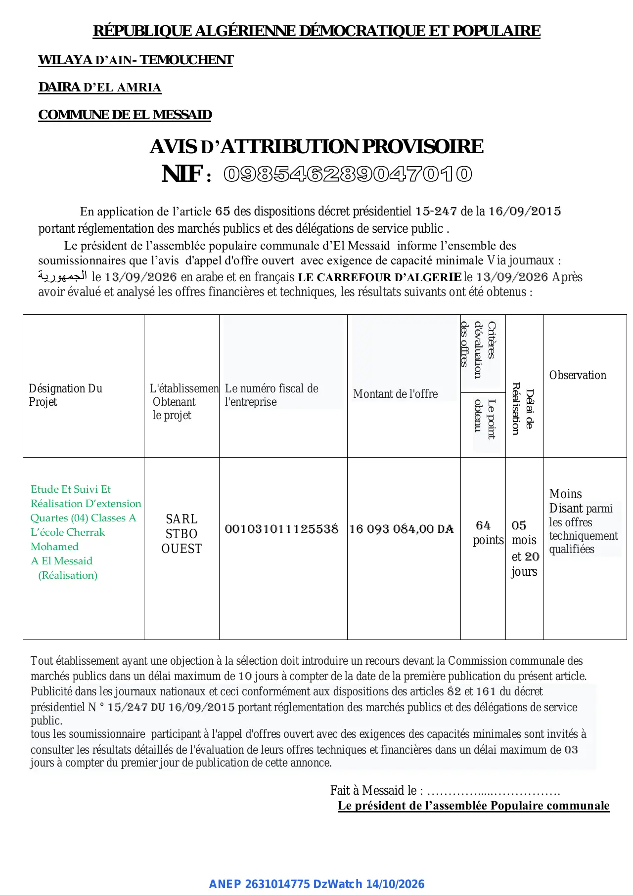 Annonce ANEP 2631014775 : AVIS D'ATTRIBUTION PROVISOIRE, COMMUNE DE EL MESSAID