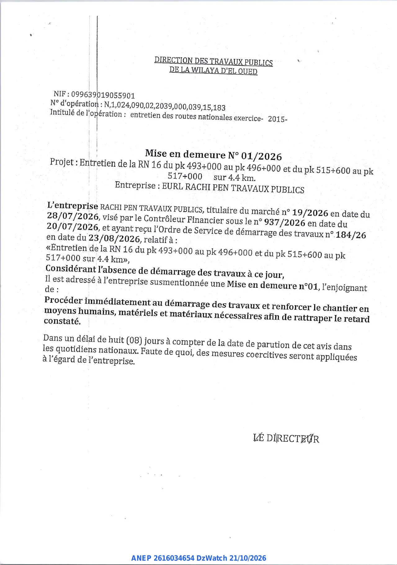 Annonce ANEP 2616034654 : Mise en demeure, DIRECTION DES TRAVAUX PUBLICS DE LA WILAYA D'EL OUED