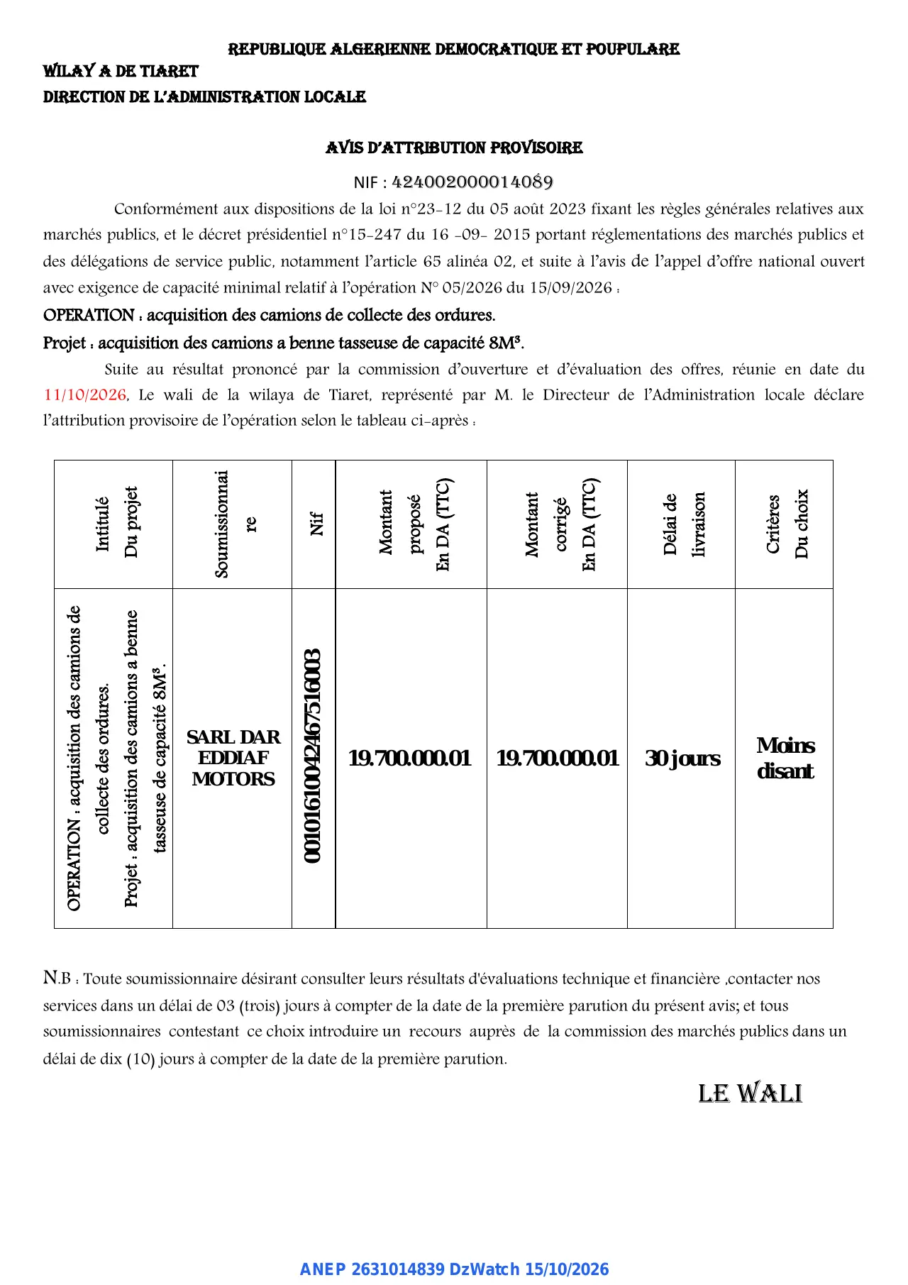Annonce ANEP 2631014839 : AVIS D'ATTRIBUTION PROVISOIRE, WILAY A DE TIARET