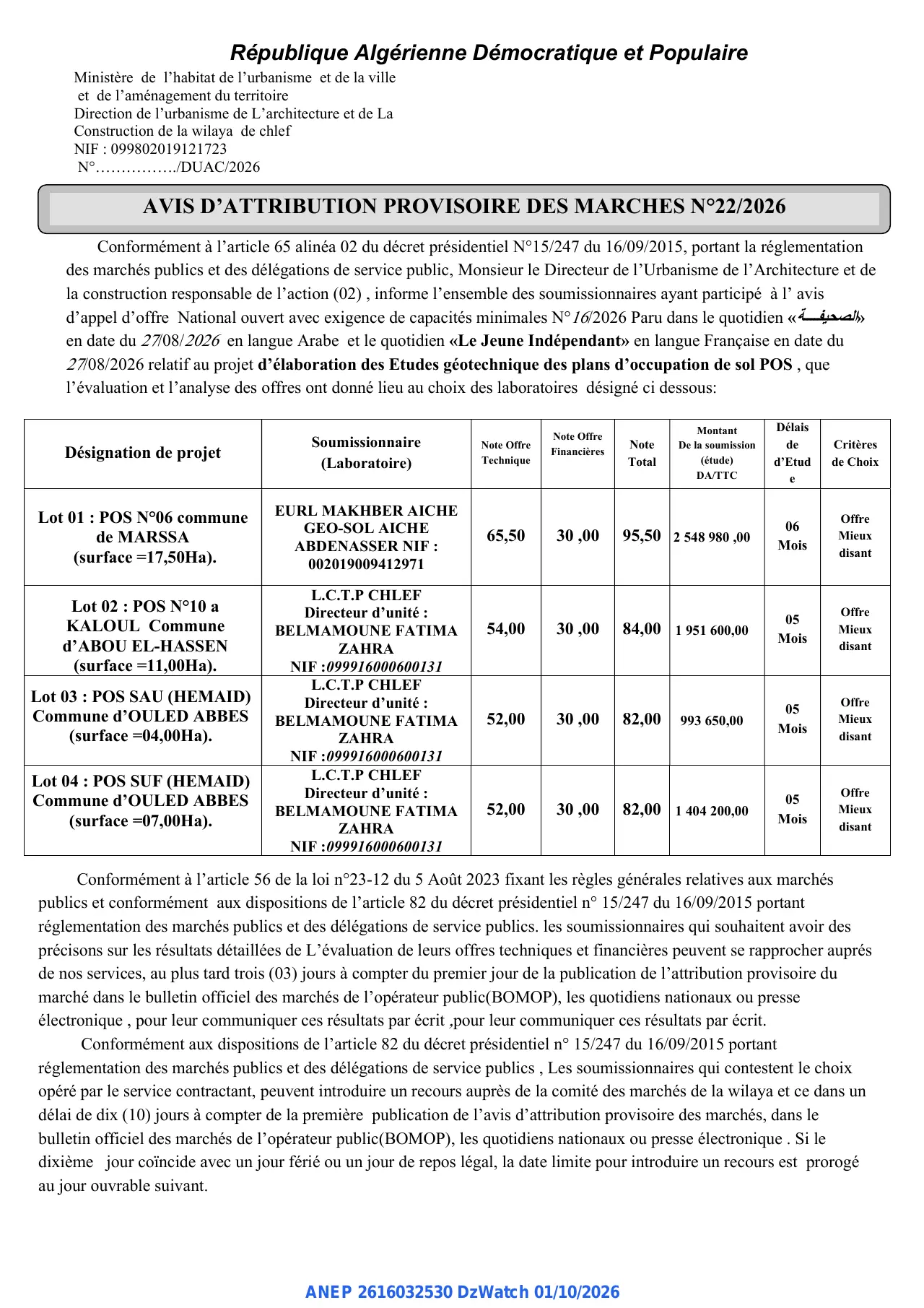 Annonce ANEP 2616032530 : AVIS D'ATTRIBUTION PROVISOIRE DES MARCHES, Direction de l'urbanisme de L'architecture et de La Construction de la wilaya de chlef