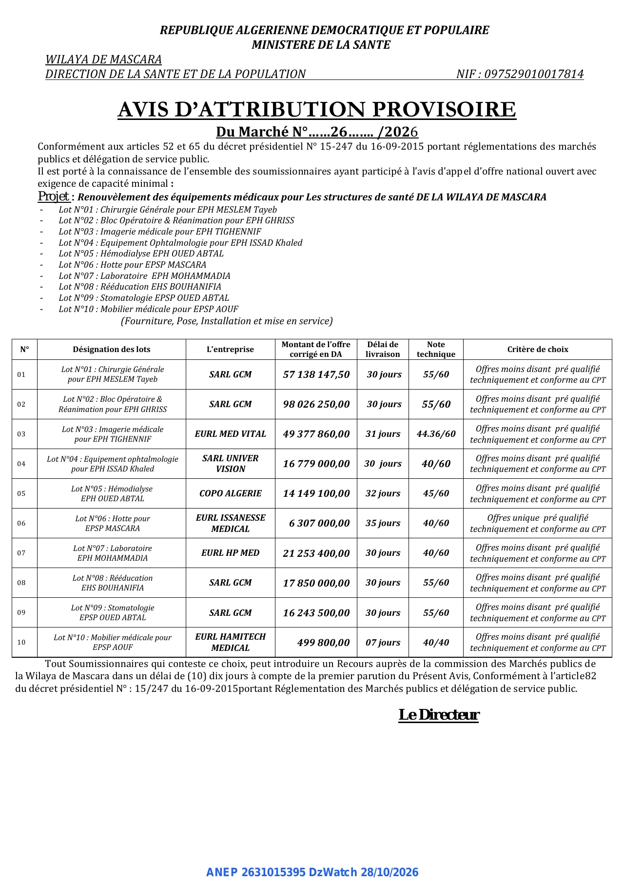 Annonce ANEP 2631015395 : AVIS D'ATTRIBUTION PROVISOIRE, DIRECTION DE LA SANTE ET DE LA POPULATION WILAYA DE MASCARA
