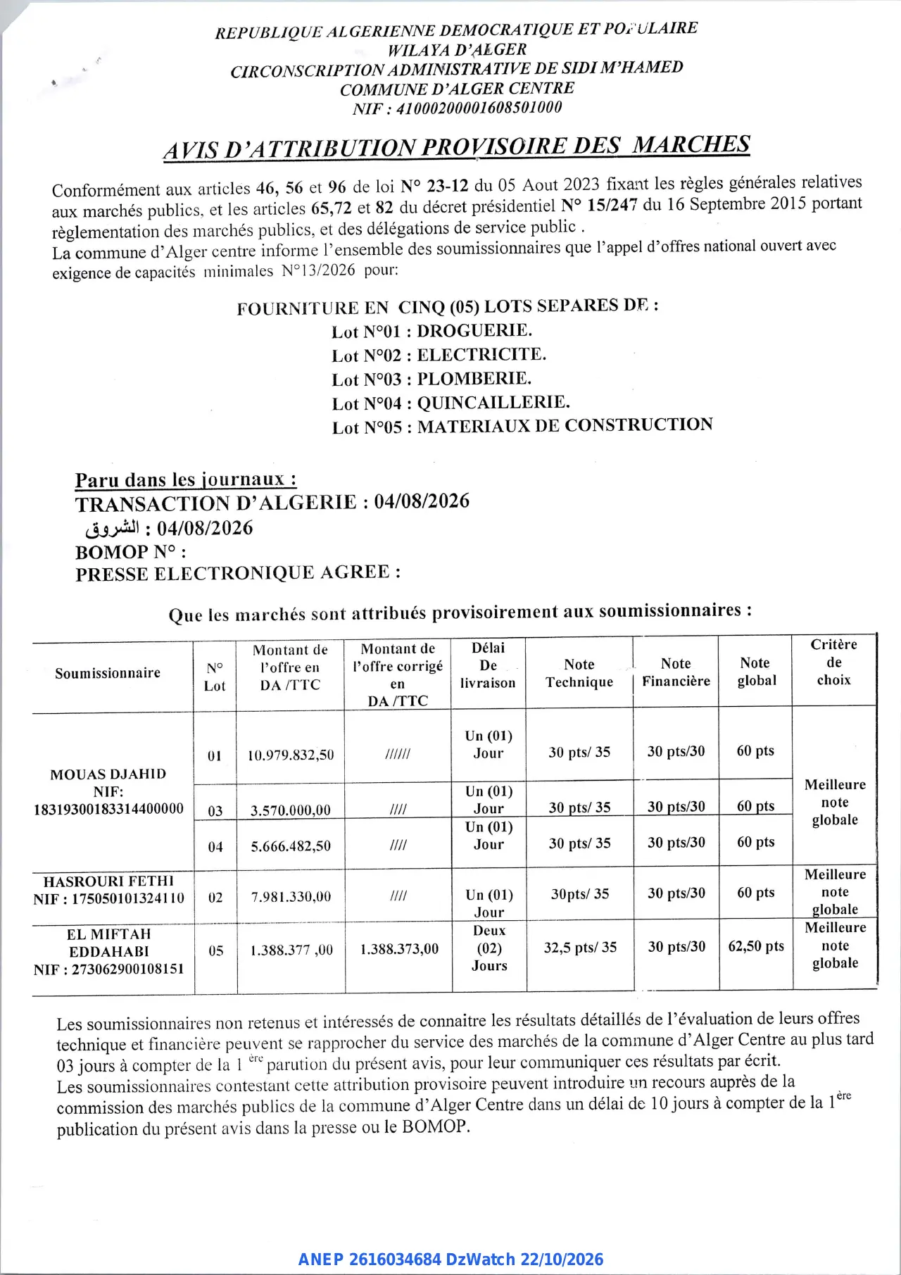 Annonce ANEP 2616034684 : AVIS D'ATTRIBUTION PROVISOIRE DES MARCHES, COMMUNE D'ALGER CENTRE