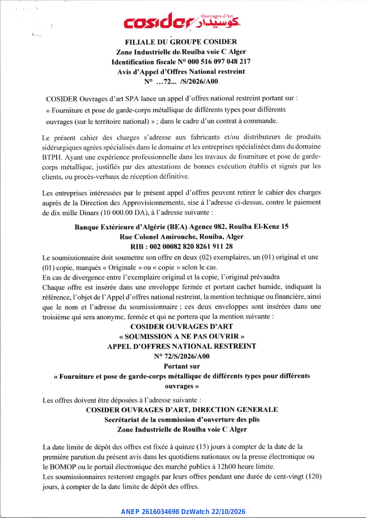 Annonce ANEP 2616034698 : Avis d'Appel d'Offres National restreint, COSIDER Ouvrages d'art SPA