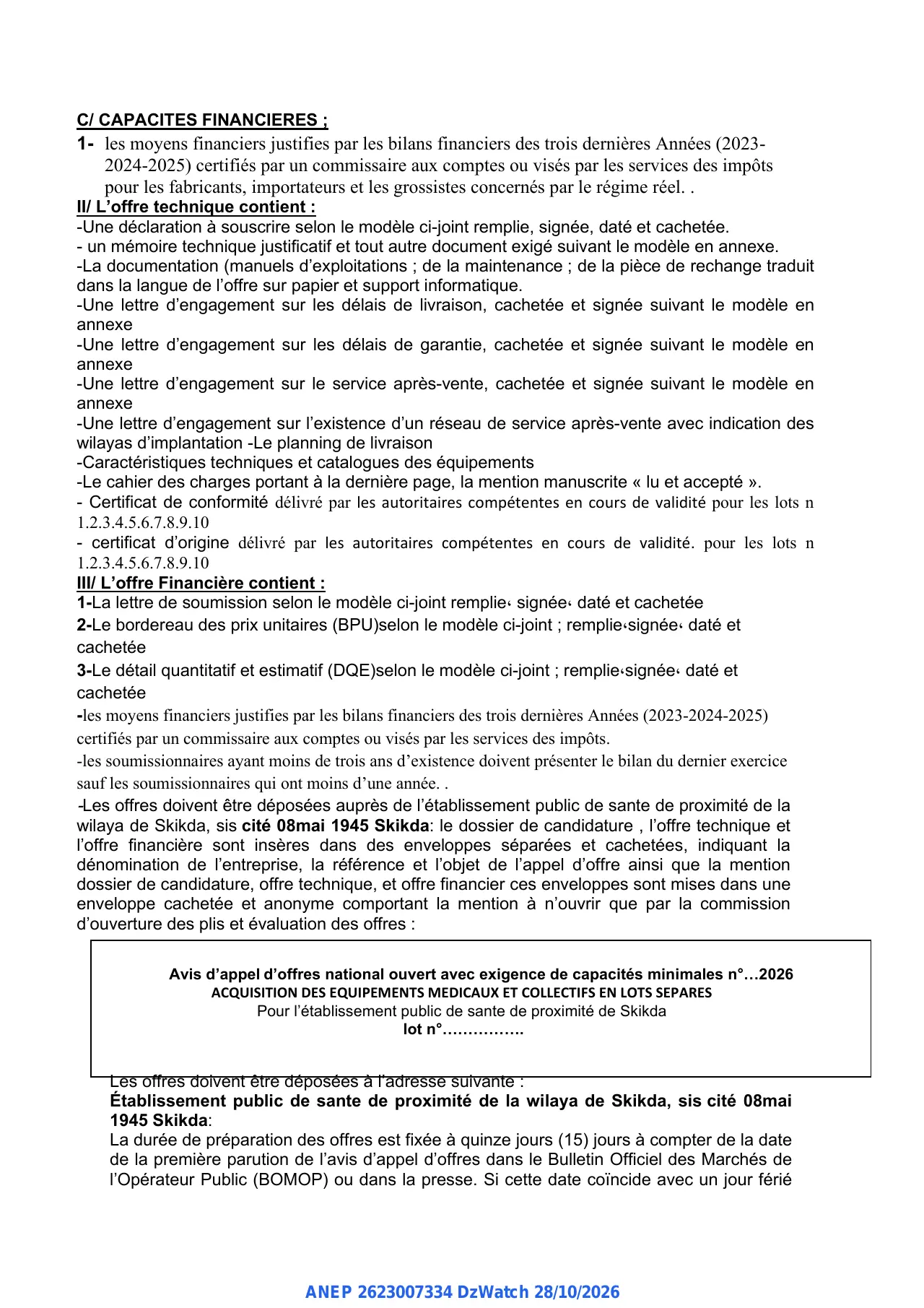 Annonce ANEP 2623007334 : AVIS D'APPEL D'OFFRES NATIONAL OUVERT AVEC EXIGENCE DE CAPACITES MINIMALES, E.p.s.p skikda