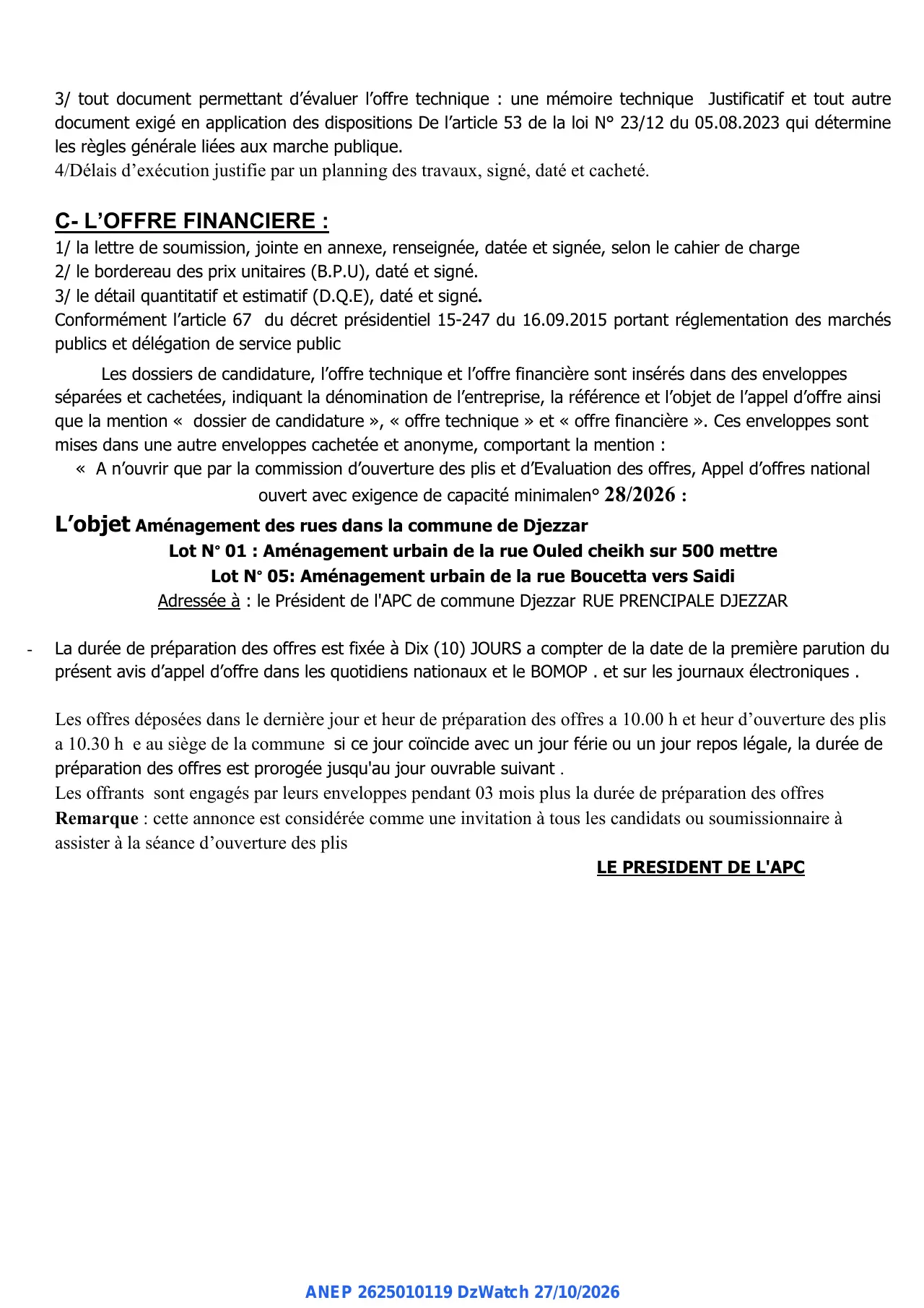Annonce ANEP 2625010119 : AVIS D'APPEL D'OFFRES NATIONAL OUVERT AVEC EXIGENCE DE CAPACITE MINIMALE, COMMUNE DE DJEZZAR