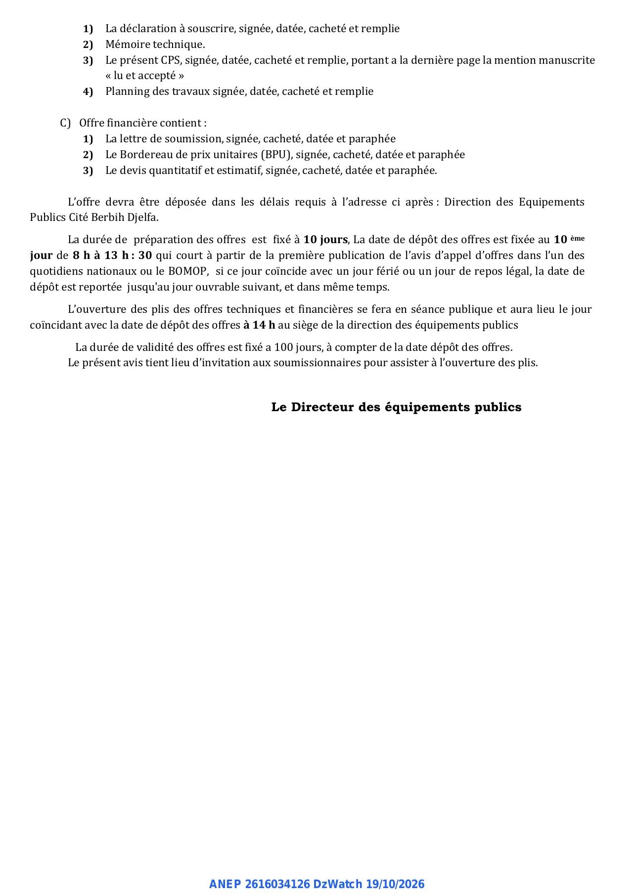 Annonce ANEP 2616034126 : AVIS D'APPEL D'OFFRES OUVERT, WILAYA DE DJELFA DIRECTION DES EQUIPEMENTS PUBLICS.