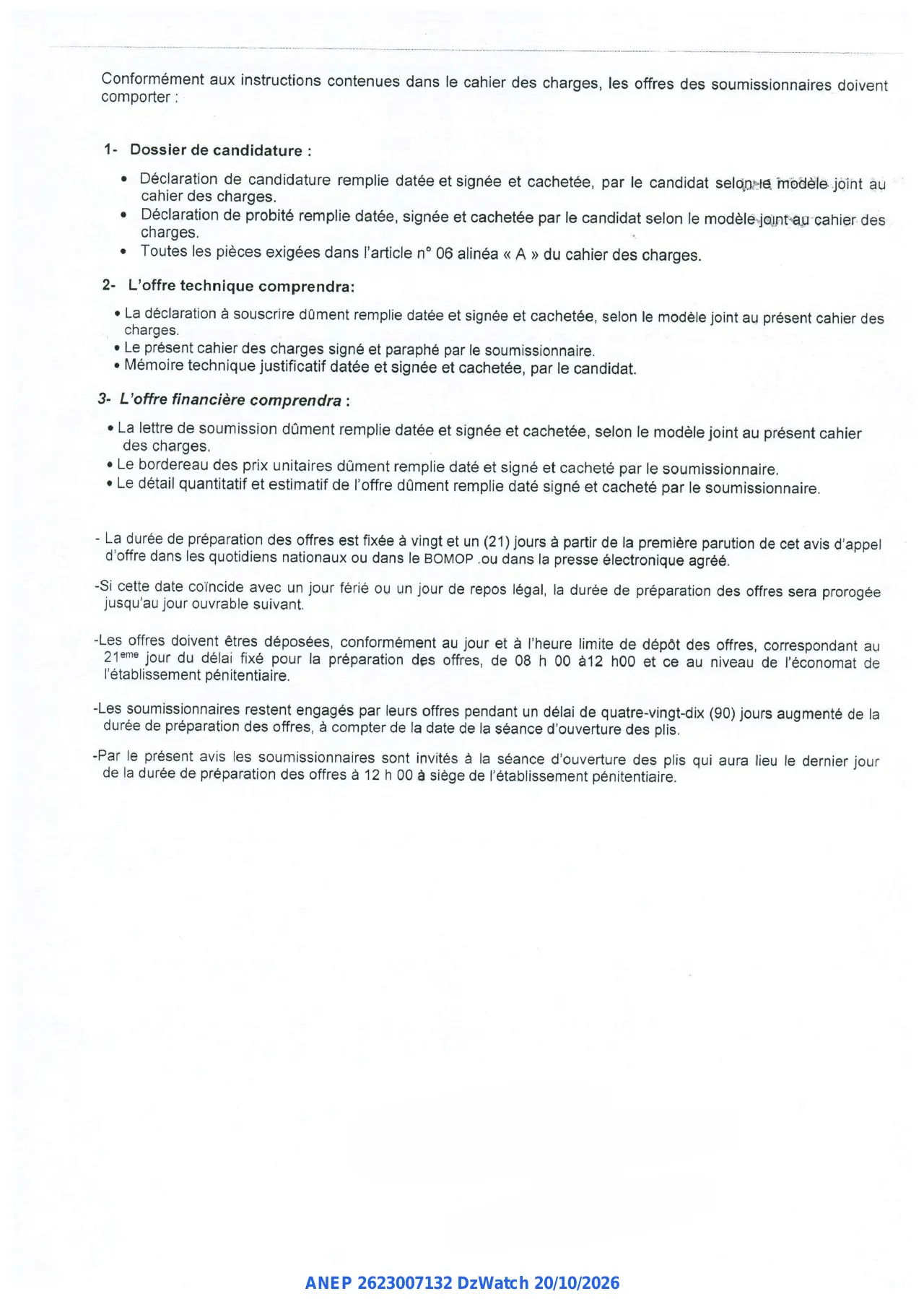 Annonce ANEP 2623007132 : AVIS D'APPEL D'OFFRES NATIONAL OUVERT AVEC EXIGENCE DE CAPACITES MINIMALES, ETABLISSEMENT DE REEDUCATION ET READAPTATION-BIR ATER