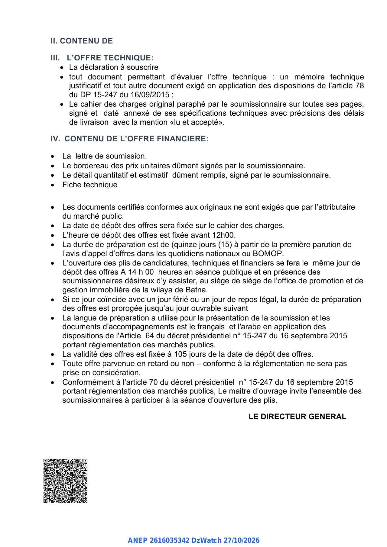 Annonce ANEP 2616035342 : AVIS D'APPEL D'OFFRES NATIONAL OUVERT AVEC EXIGENCE DE CAPACITE MINIMALES, Office de Promotion et de Gestion Immobilière - BATNA
