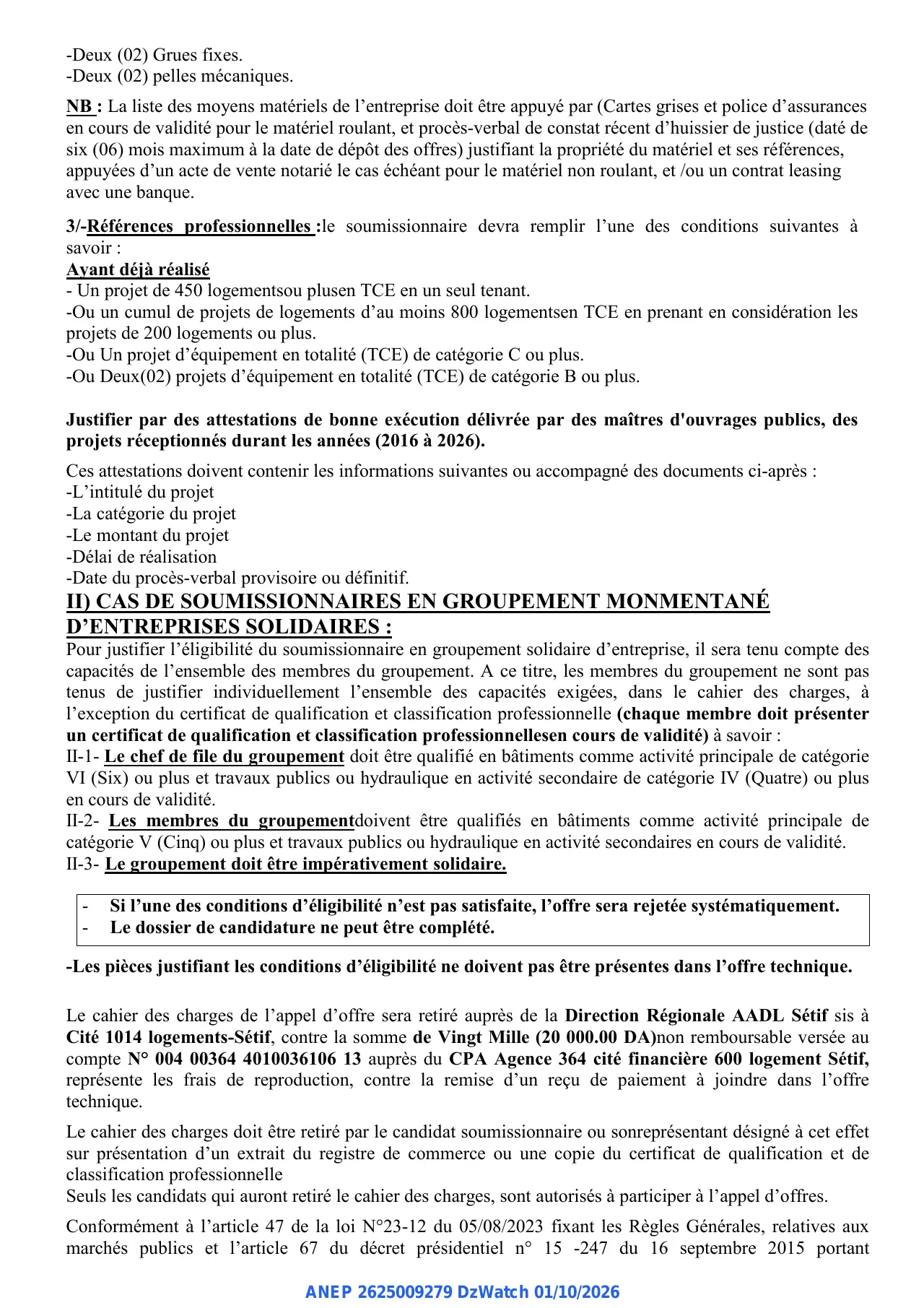Annonce ANEP 2625009279 : AVIS D'APPEL D'OFFRE NATIONAL OUVERT, AGENCE NATIONALE DE L'AMELIORATION ET DU DEVELOPPEMENT DU LOGEMENT A. A. D. L DIRECTION REGIONALE DE SETIF