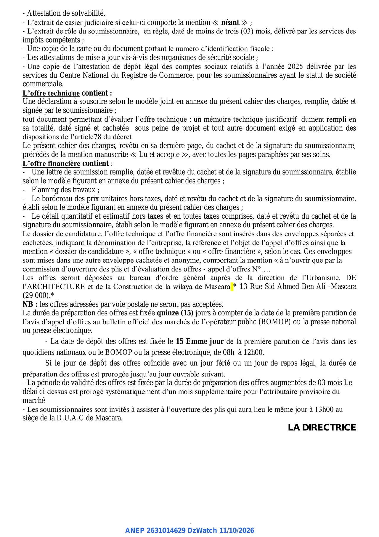 Annonce ANEP 2631014629 : AVIS D'APPEL D'OFFRES NATIONAL OUVERT AVEC EXIGENCE DE CAPACITES MINIMALES, DIRECTION DE L'URBANISME, DE L'ARCHITECTURE ET DE LA CONSTRUCTION DE LA WILAYA MASCARA