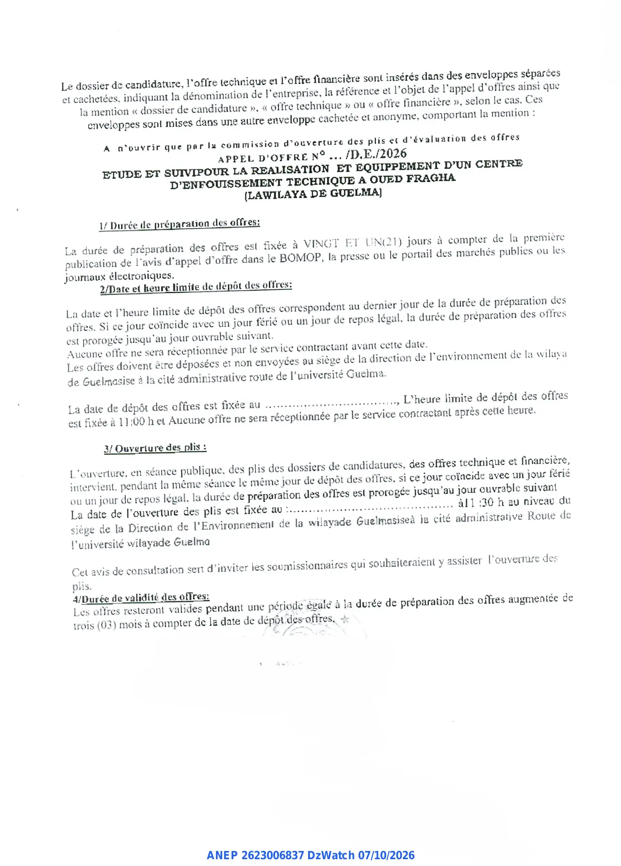 Annonce ANEP 2623006837 : AVIS D'APPEL D'OFFRE NATIONAL OUVERT AVEC EXIGENCE DE CAPACITES MINIMALES, WILAYA DE GUELMA DIRECTION DE L'ENVIRONNEMENT