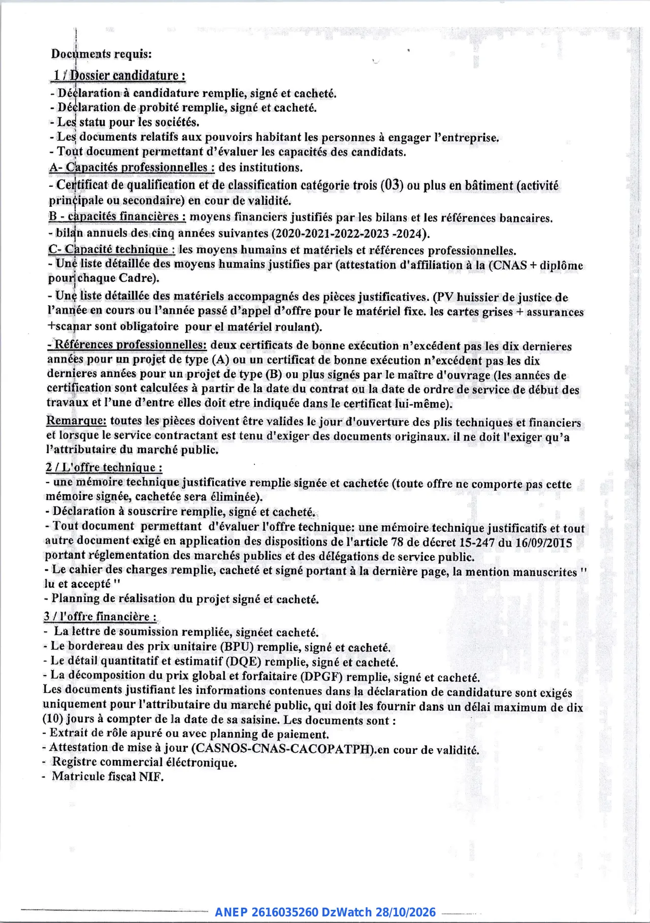 Annonce ANEP 2616035260 : AVIS D'APPEL D'OFFRE NATIONAL OUVERT AVEC EXIGENCE DE CAPACITES MINIMALES, DIRECTION DU LOGEMENT DE LA WILAYA D'ILLIZI