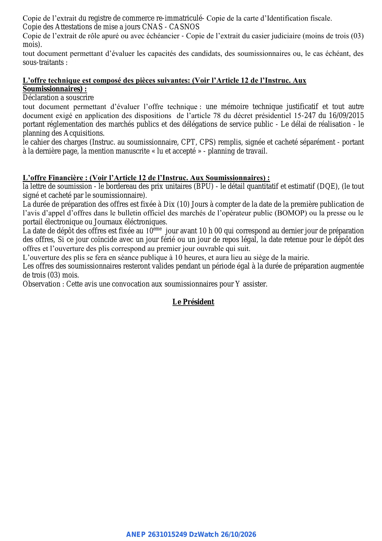 Annonce ANEP 2631015249 : AVIS D'APPEL D'OFFRES NATIONAL OUVERT, COMMUNE DE CHLEF