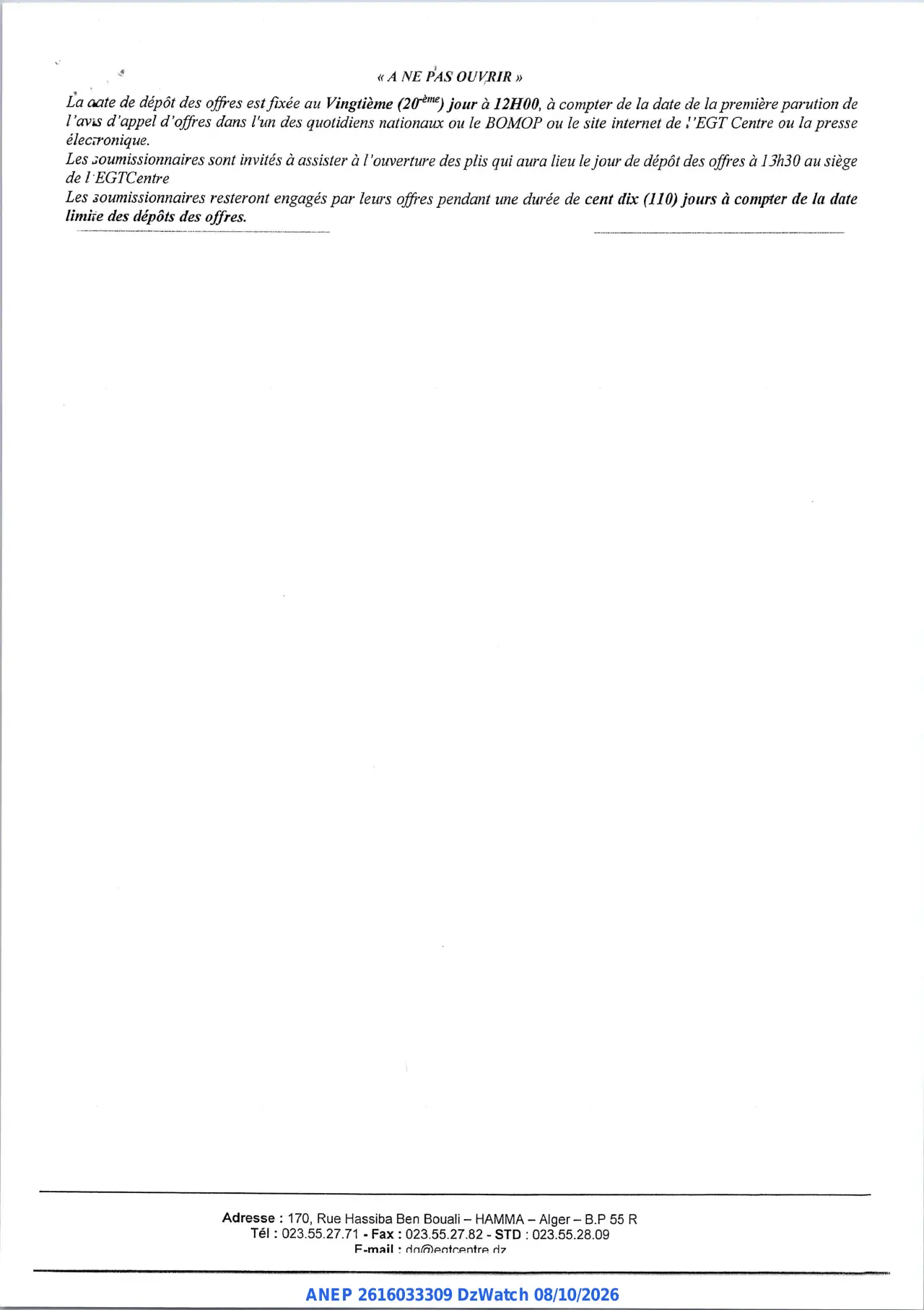 Annonce ANEP 2616033309 : AVIS D'APPEL D'OFFRES NATIONAL OUVERT AVEC EXIGENCE DE CAPACITES MINIMALES, ENTREPRISE DE GESTION TOURISTIQUE DU CENTRE
