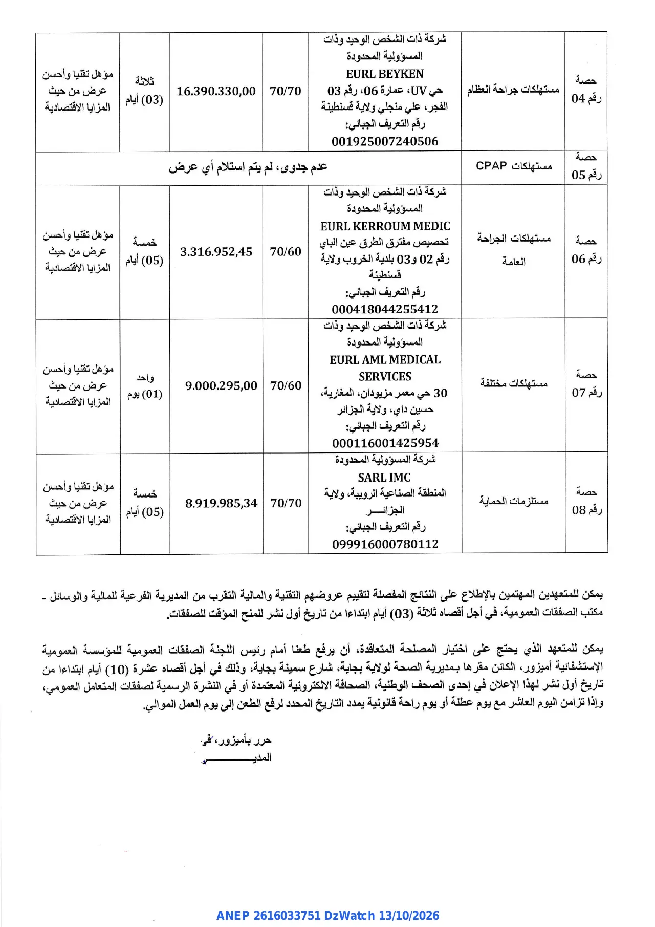 إعلان ANEP 2616033751: ⁨إعلان عن المنح المؤقت⁩، ⁨المؤسسة العمومية الاستشفائية "بن مراد المكي" أميزور⁩
