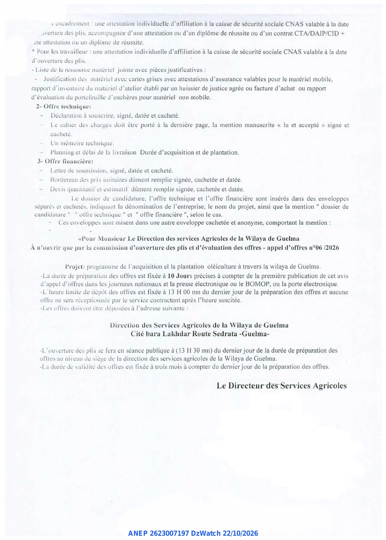 Annonce ANEP 2623007197 : AVIS D'APPEL D'OFFRES National OUVERT, Direction des services Agricoles de la Wilaya de Guelma