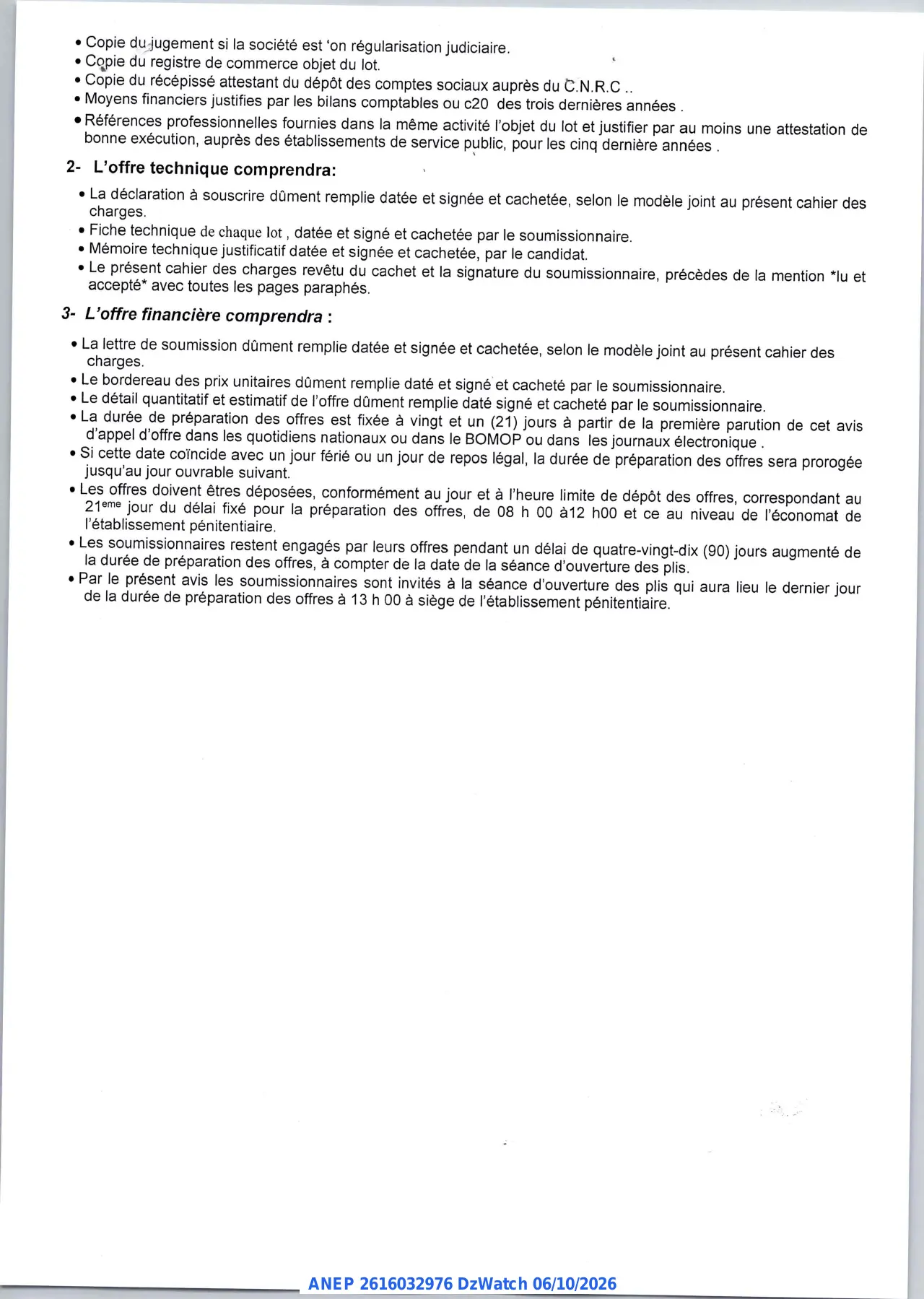 Annonce ANEP 2616032976 : AVIS D'APPEL D'OFFRES NATIONAL OUVERT AVEC EXIGENCE DE CAPACITES MINIMALES, ETABLISSEMENT DE REEDUCATION ET READAPTATION KOLEA