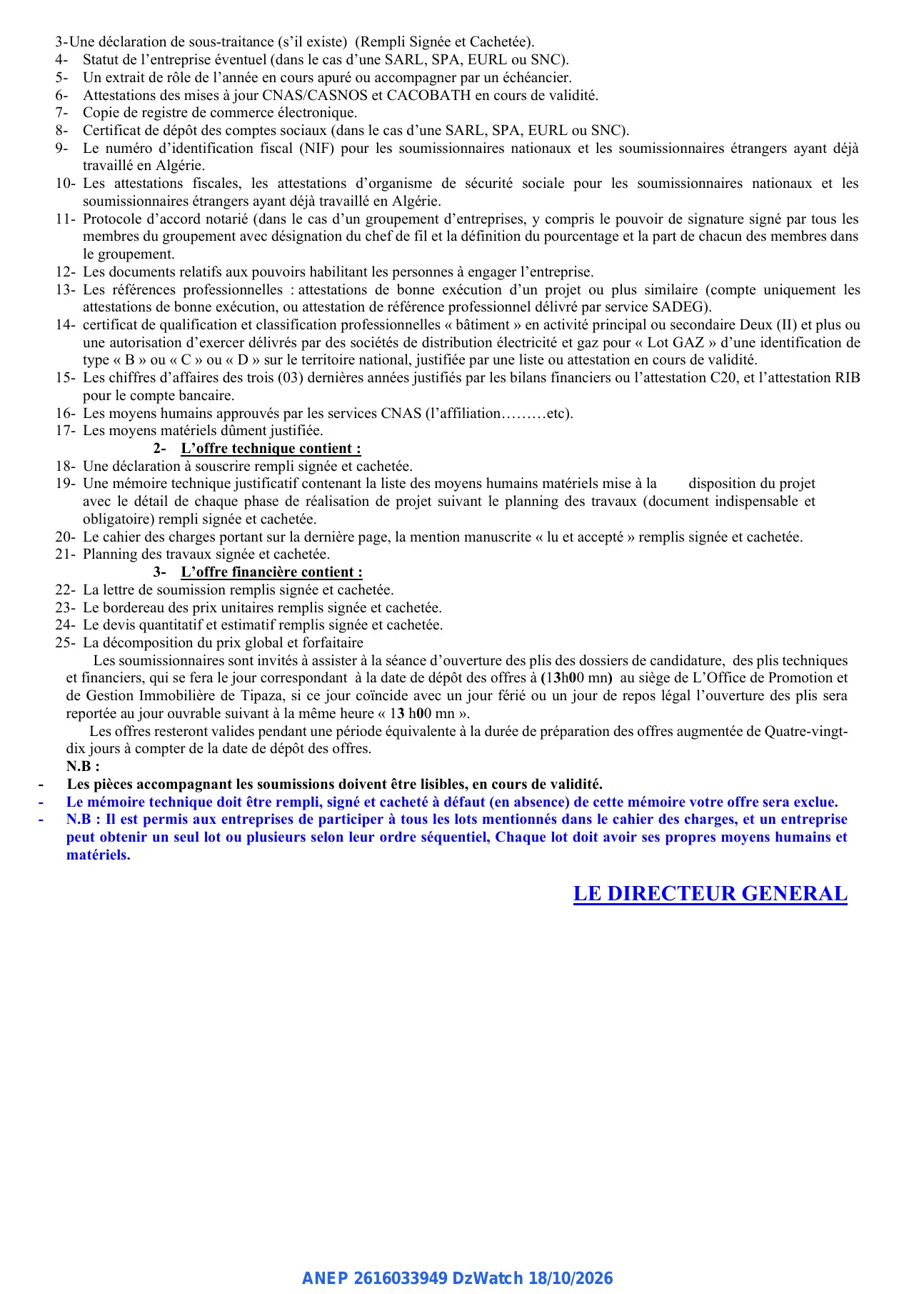 Annonce ANEP 2616033949 : AVIS D'APPEL D'OFFRES, OFFICE DES PROMOTIONS ET DE GESTION IMMOBILIERE DE LA WILAYA DE TIΡΑΖΑ