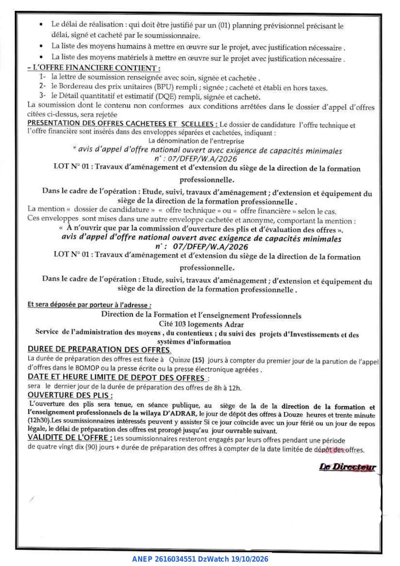 Annonce ANEP 2616034551 : Avis d'Appel d'offre national ouvert avec exigence de capacités minimales, WILAYA D'ADRAR DIRECTION DE LA FORMATION ET L'ENSEIGNEMENT PROFESSIONNELS