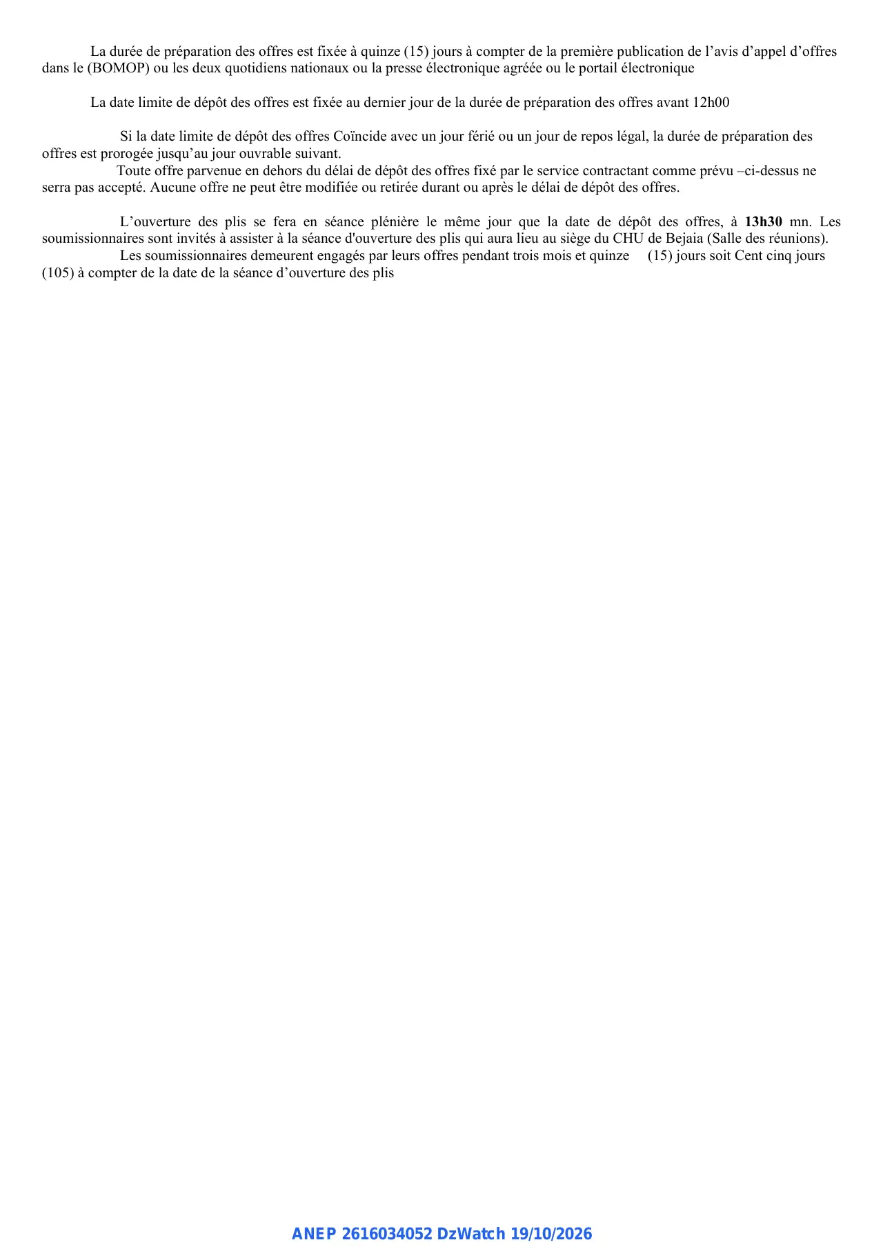 Annonce ANEP 2616034052 : Appel d'offre national ouvert, CENTRE HOSPITALO-UNIVERSITAIRE DE BEJAIA