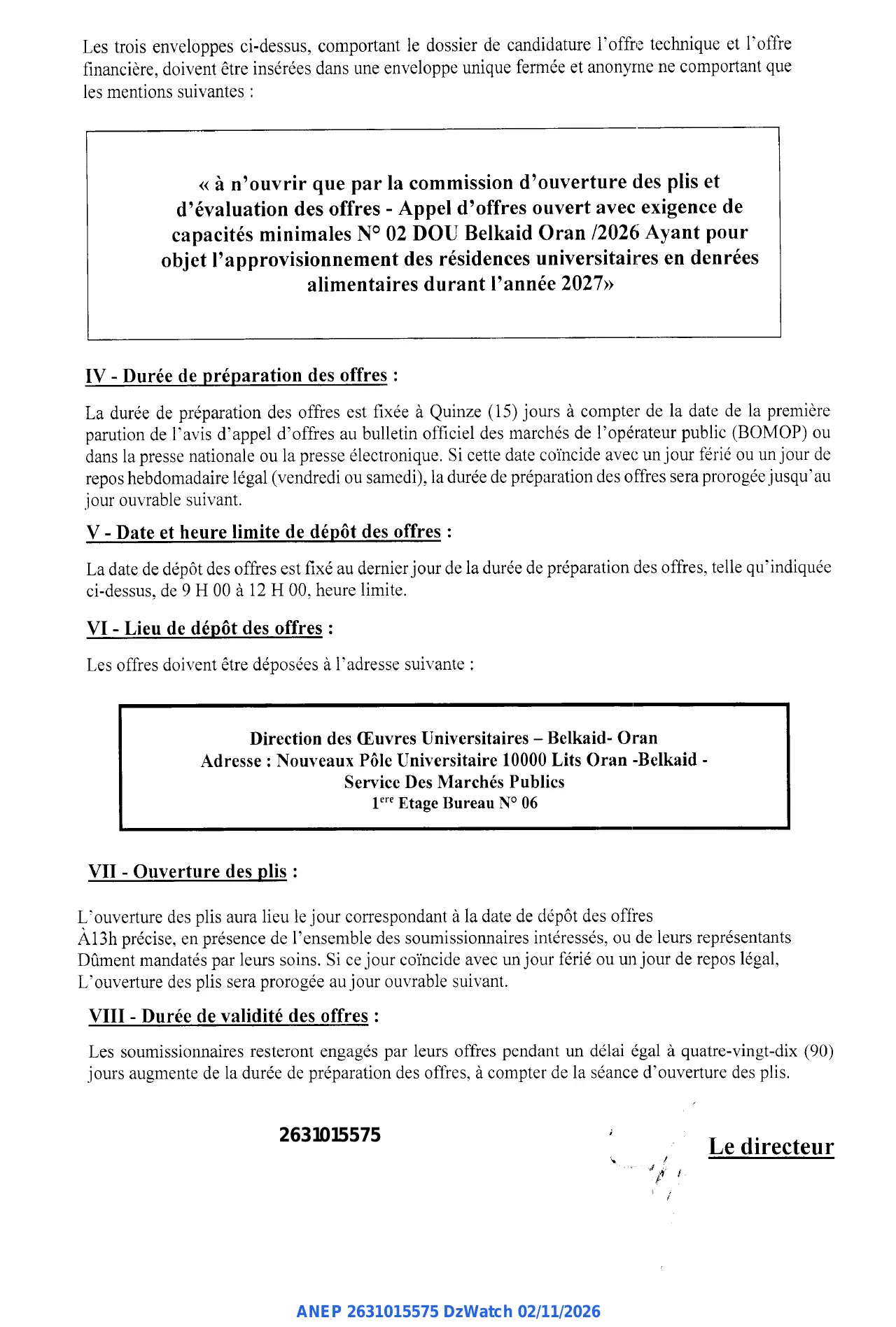 Annonce ANEP 2631015575 : Avis d'appel d'offres ouvert Avec exigence de capacités minimales, Direction des Œuvres Universitaires Belkaid Oran, wilaya de Oran