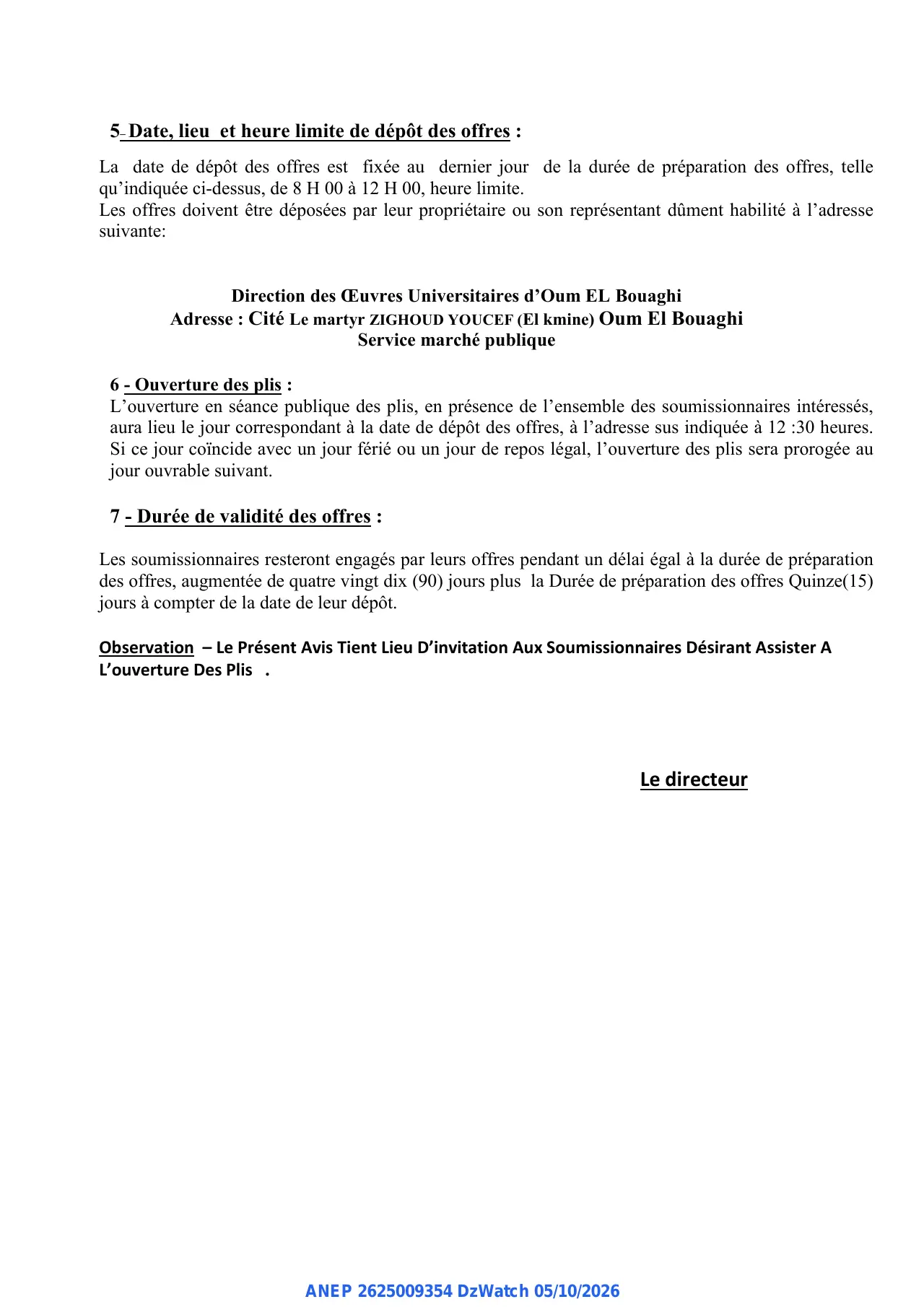 Annonce ANEP 2625009354 : Avis D'appel D'offres Ouvert Avec Exigence De Capacités Minimales, Direction des Œuvres Universitaires d' Oum El Bouaghi