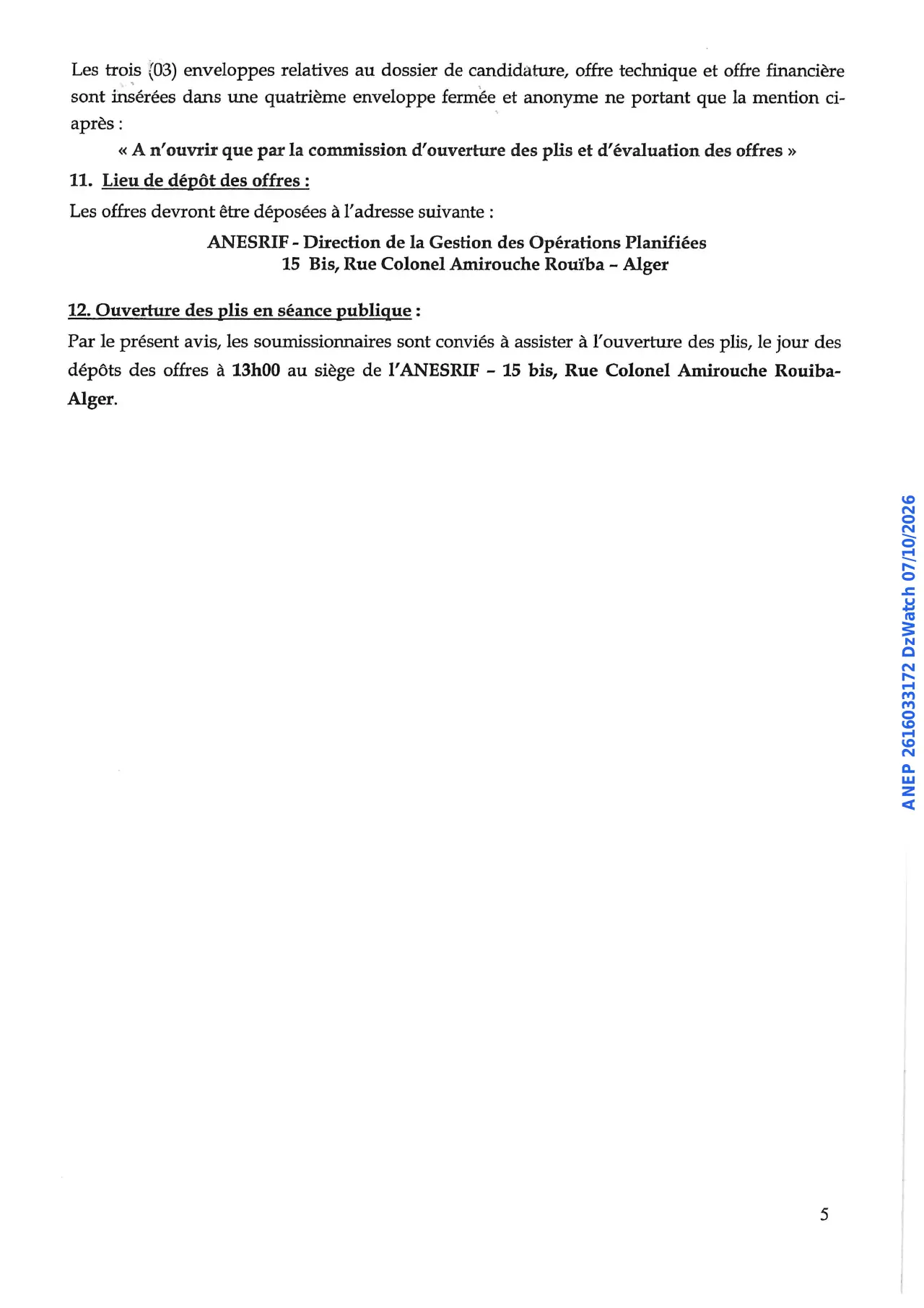 Annonce ANEP 2616033172 : AVIS D'APPEL D'OFFRES NATIONAL OUVERT, Agence Nationale d'Etudes et de Suivi de la Réalisation des Investissements Ferroviaires