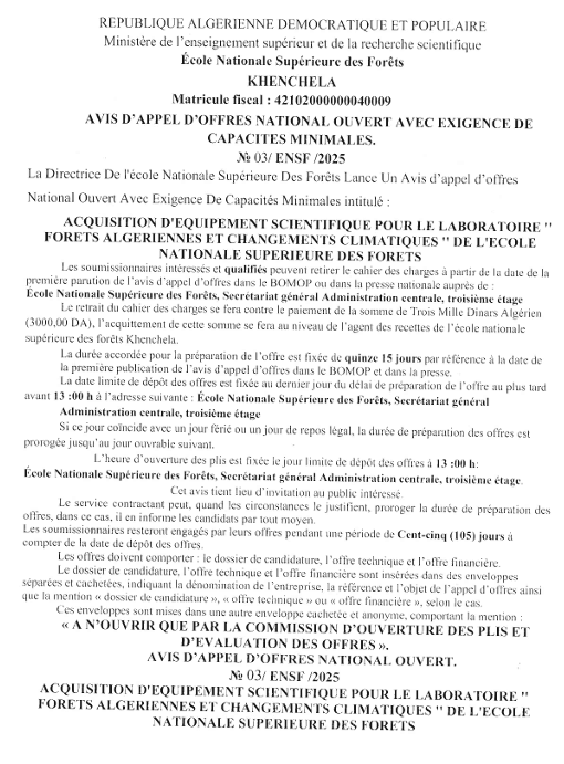 AVIS D’APPEL D’OFFRES NATIONAL OUVERT AVEC EXIGENCE DE CAPACIT’ES MINIMALES.