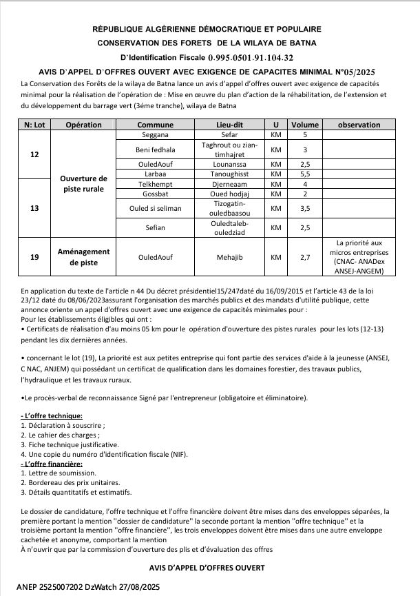APPEL D’OFFRES NATIONAL OUVERT AVEC EXIGENCE DE CAPACITES MINIMALES N° 05/2025