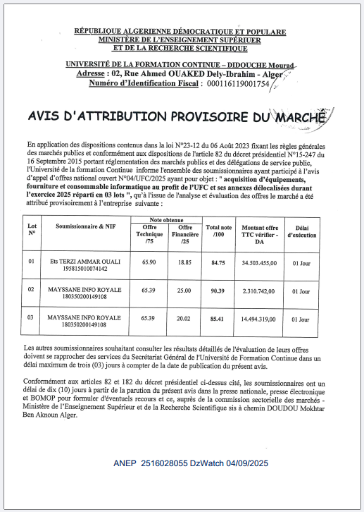 AVIS D’ATTRIBUTION PROVISOIRE DU MARCHE