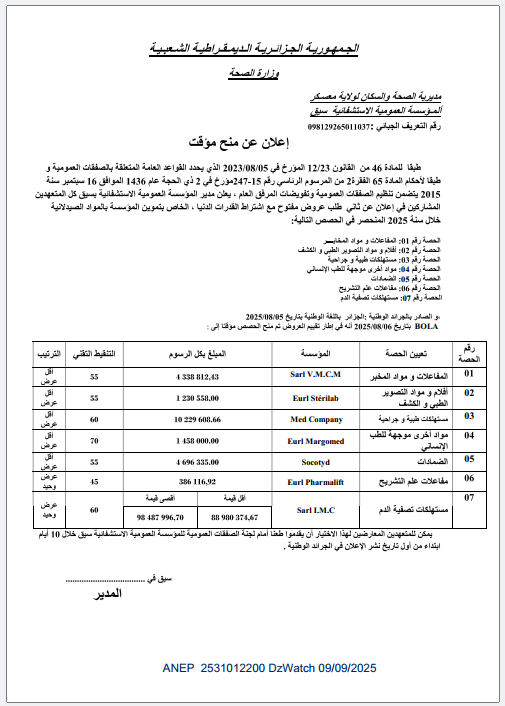 إعلان عن منح مؤقت