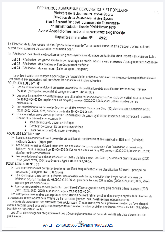  AVIS APPEL D’OFFER NATIONAL OUVERT AVEC EXIGENCE DE CAPACITES MINIMALS