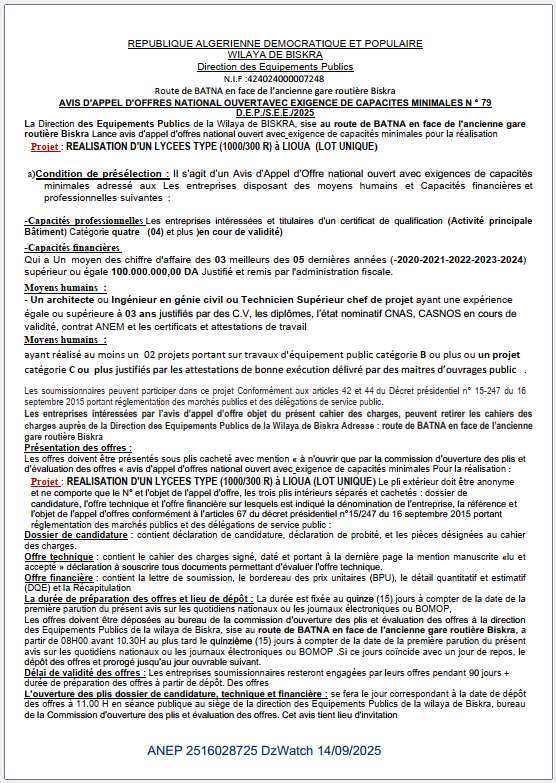  AVIS APPEL D’OFFER NATIONAL OUVERT AVEC EXIGENCE DE CAPACITES MINIMALS