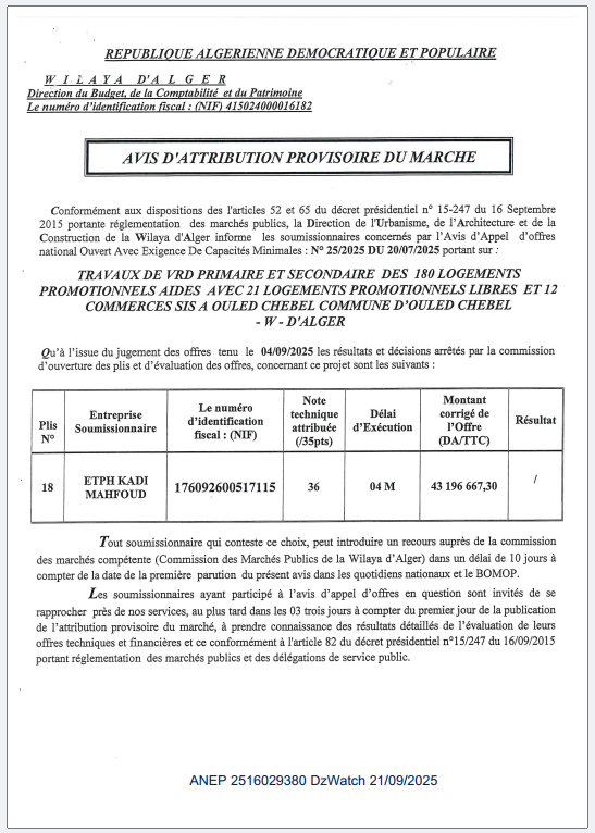 AVIS D’ATTRIBUTION PROVISOIRE DU MARCHE