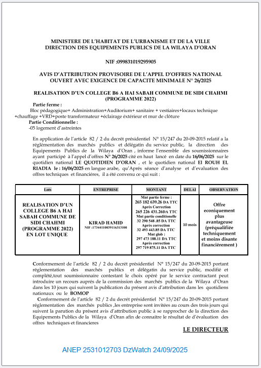 AVIS D’ATTRIBUTION PROVISIORE DE L’APPEL D’OFFERS NATIONAL OUVERT AVEC EXIGENCE DE CAPACITE MINIMAL