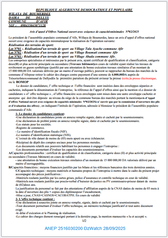 Avis d’appel d’Offres National ouvert avec exigence de capacités minimales