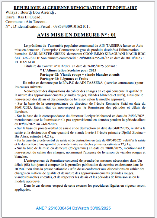 AVIS MISE EN DEMEURE N° : 01