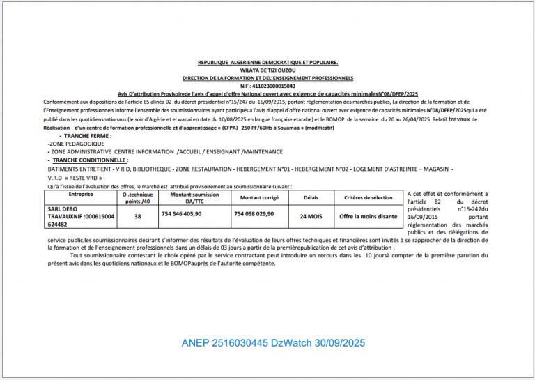 Avis D’attribution Provisoire de l’avis d’appel d’offre National ouvert avec exigence de capacités minimalesN°08/DFEP/2025