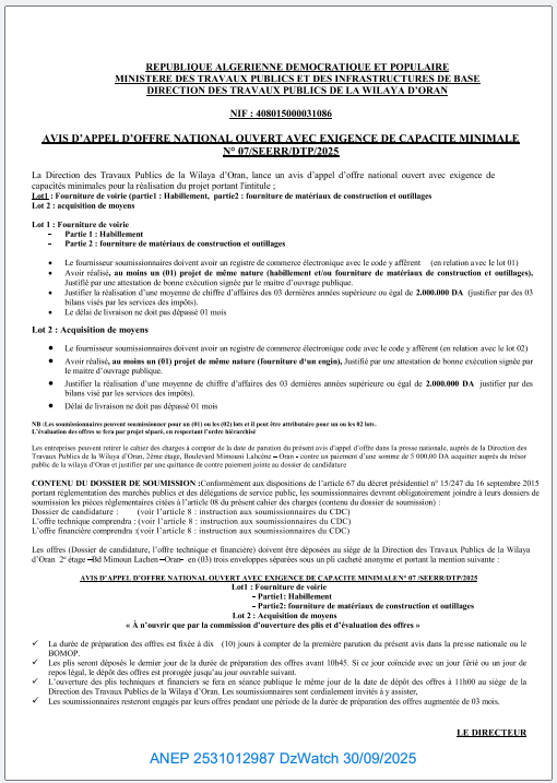  AVIS APPEL D’OFFER NATIONAL OUVERT AVEC EXIGENCE DE CAPACITE MINIMAL