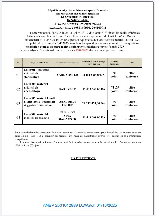AVIS D’ATTRIBUTION PROVISOIRE