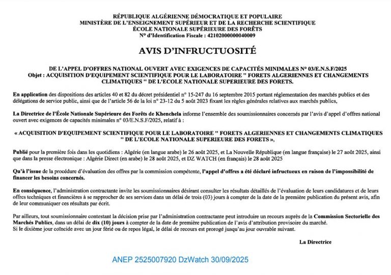 AVIS D’INFRUCTUOSITÉ DE L’APPEL D’OFFRES NATIONAL OUVERT AVEC EXIGENCES DE CAPACITÉS MINIMALES N°03/EN.S.F/2025