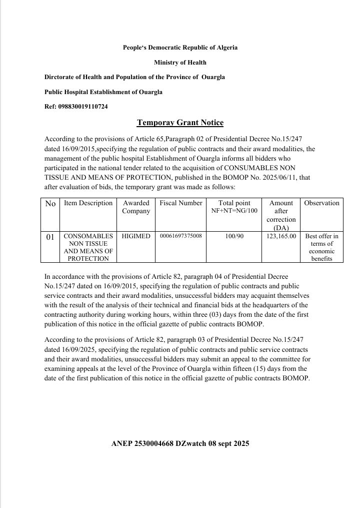 Temporay Grant Notice