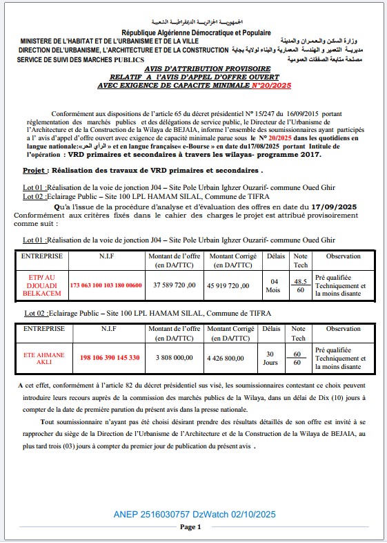 AVIS D’ATTRIBUTION PROVISOIRE RELATIF A l’AVIS D’APPEL D’OFFRE OUVERT AVEC EXIGENCE DE CAPACITE MINIMALE N°20/2025