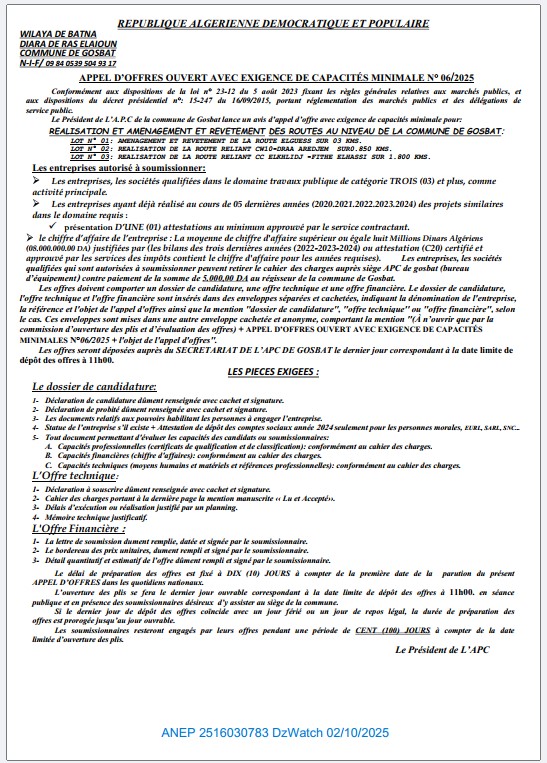 APPEL D’OFFRES OUVERT AVEC EXIGENCE DE CAPACITÉS MINIMALE N° 06/2025