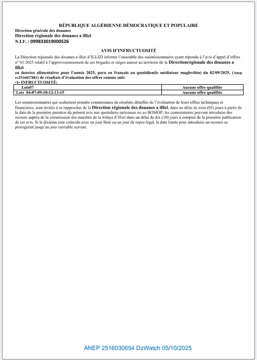 AVIS D’INFRUCTUOSITÉ