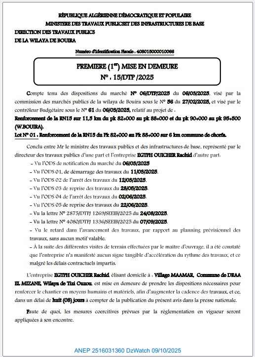 PREMIERE (1er) MISE EN DEMEURE N° : 15/DTP /2025